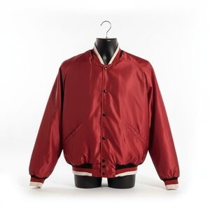 Delong Vintage Men's Maroon Black White Satin Nylon Snap Pockets Jacket Size XL